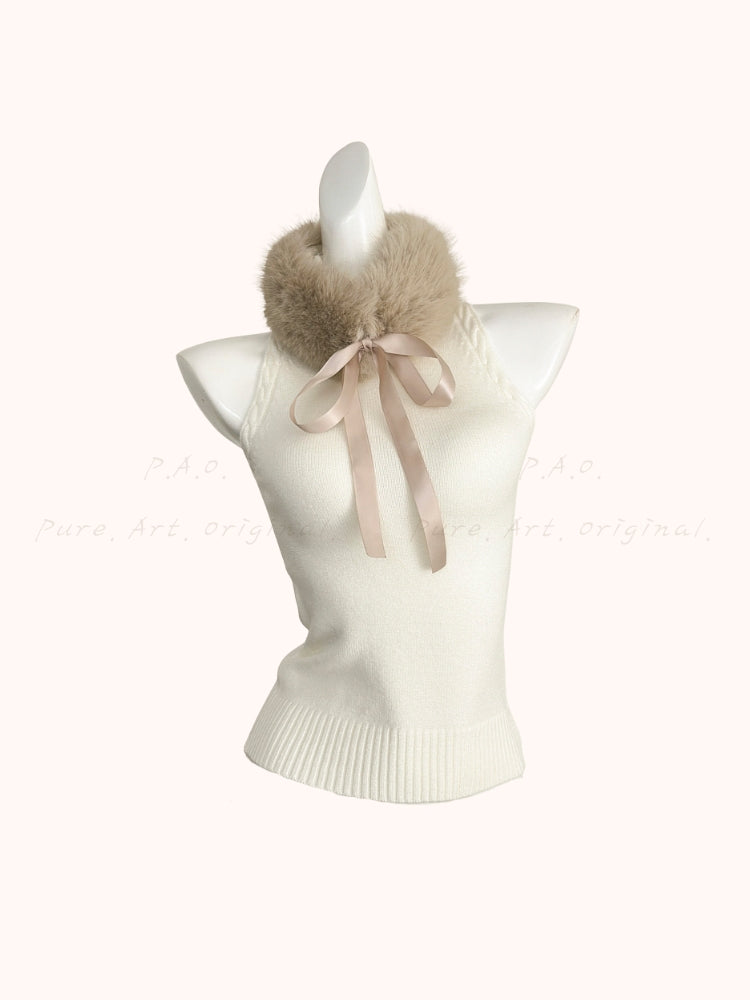 Bow-Tie Faux Fur Collar Knit Top